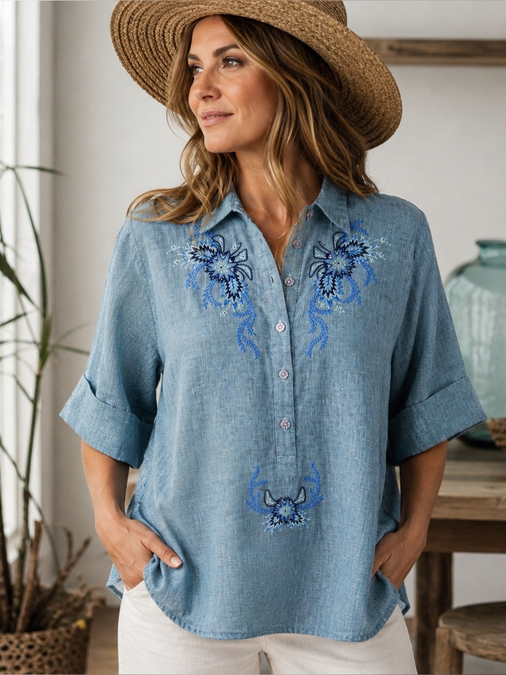 Patagonia Light Blue Embroidered Button-Up Linen Blend Top